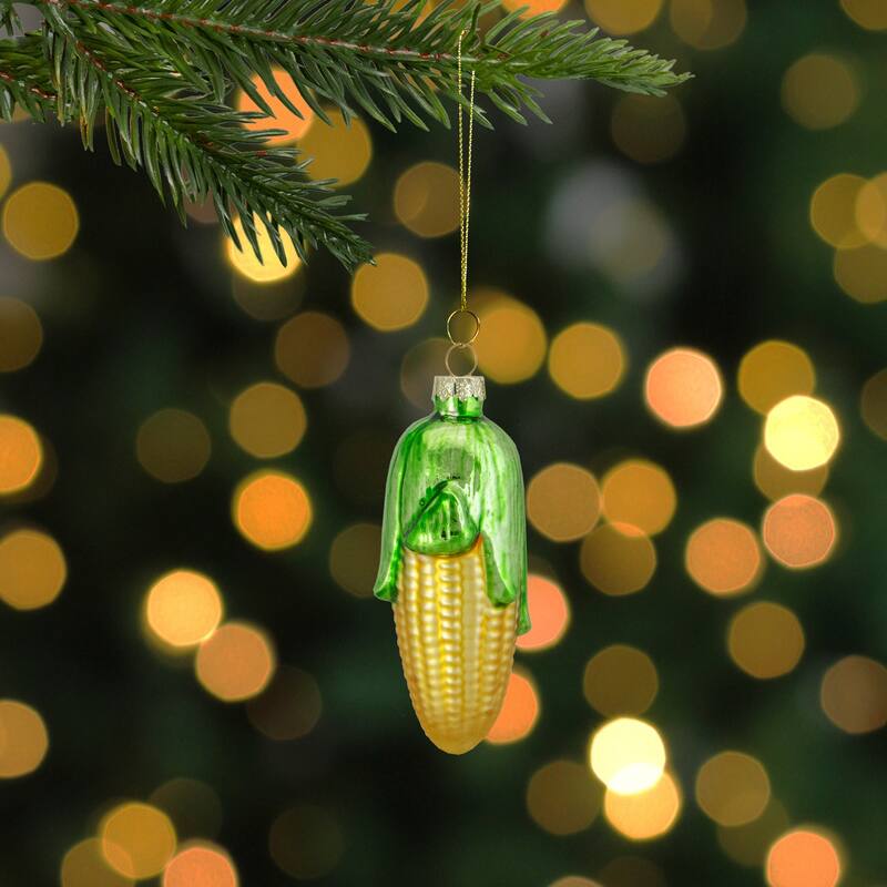 4" Yellow and Green Corn on the Cob Glass Christmas Ornament