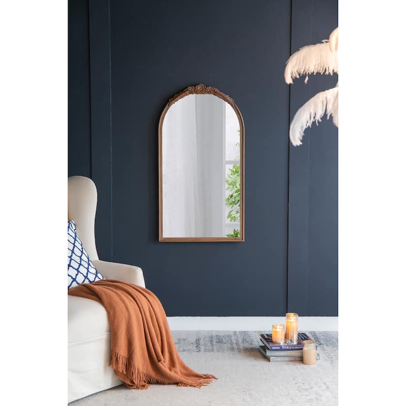 23" x 42" Hand Carved Rose Antique Mirror Frame, Wood Arch Mirror Wall Decor for Living Room, Bathroom, Entryway