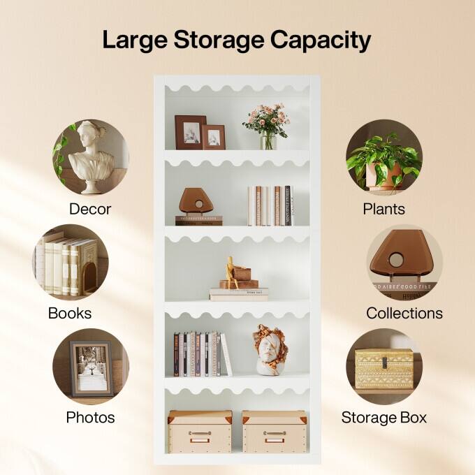 70.86" Modern White Bookshelf, 5-Tier Tall Wooden Bookcase