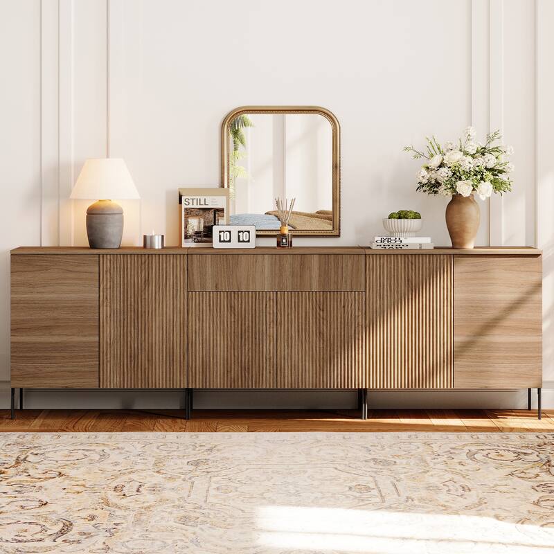 94.5" Modern Reeded 6-Door Sideboard With Drawers, 3-In-1 Wooden Credenza