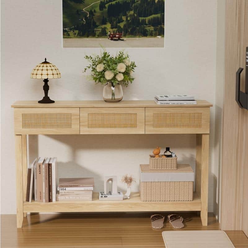 VINGLI Natural Wood Color 2-Layer 3-Drawer MDF Wicker Surface Entry Table