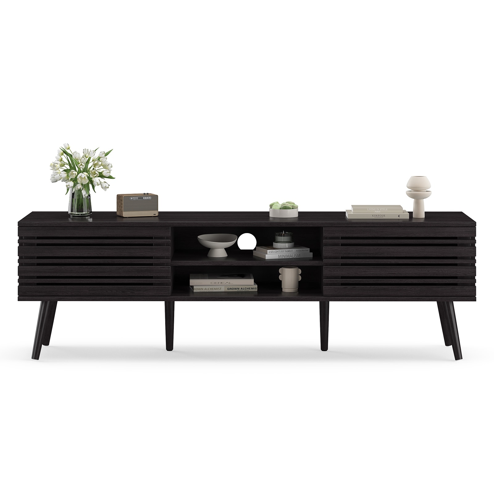 Mid Century Modern TV Stands for up to 70" TV with Storage, Fluted Wood TV Stand for Living Room, Boho Media Console