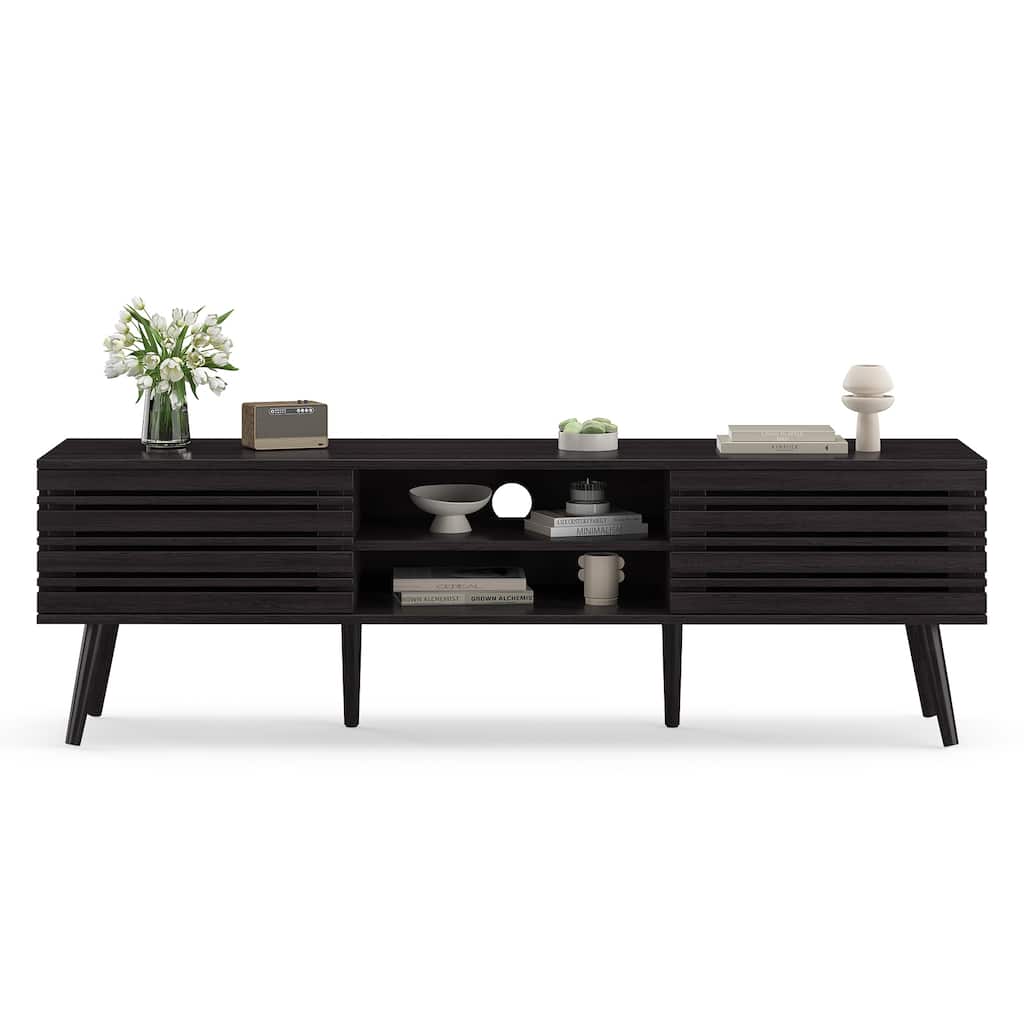 Mid Century Modern TV Stands for up to 70" TV with Storage, Fluted Wood TV Stand for Living Room, Boho Media Console