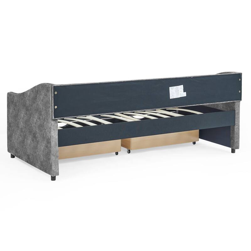 Roomfitters Twin/Full/Queen Upholstered Daybed with Tufted Backrest, Nailhead Trim and Underbed Storage Trundle, Grey