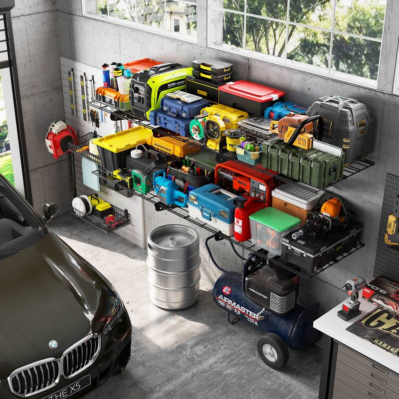 Black Metal Wall-Mounted Shelf Bracket 2-Tier Heavy Duty Storage Rack - 48x 24 x 12 in