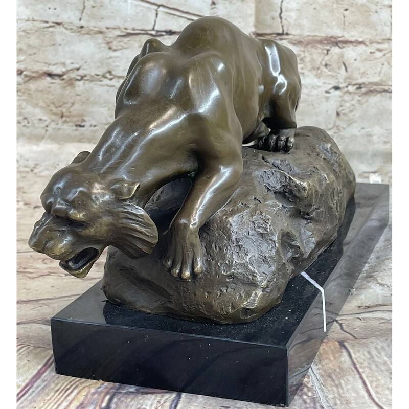 Sabre Tooth Tiger Lion Panther Bronze Sculpture Statue On Marble Base