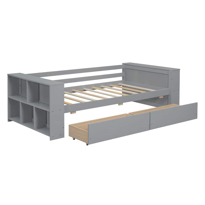 Gray Twin Size Daybed with Storage Shelves and Drawers