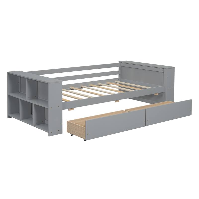 Twin Daybed with Built-In Storage Shelves and Drawers, Pine Wood Frame, Minimalist Design, Easy Assembly
