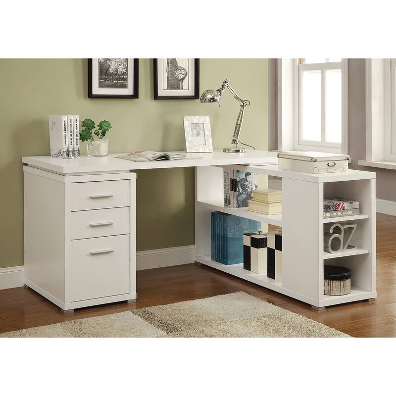 L-Shape Office Desk With Drawers and Shelves, White