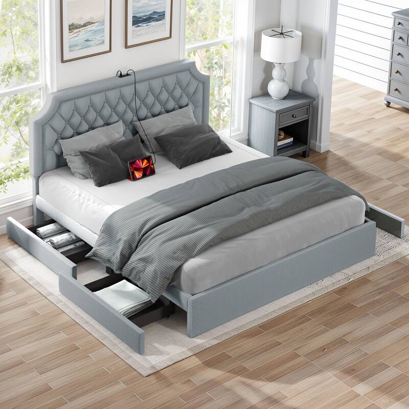 Moasis Velvet/Linen Upholstered Bedframe with Adjustable Headboard and 4 Storage Drawers