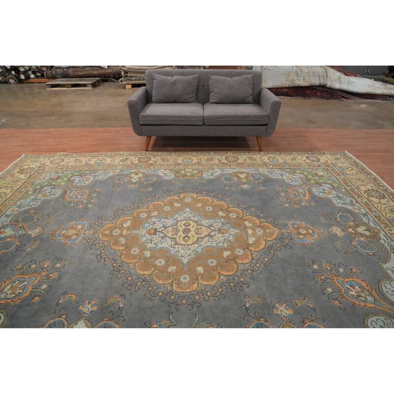 Hand Knotted Oriental 100% Wool Carpet Traditional Floral Greys & Charcoal Tabriz Area Rug - 12' 7'' X 9' 6''