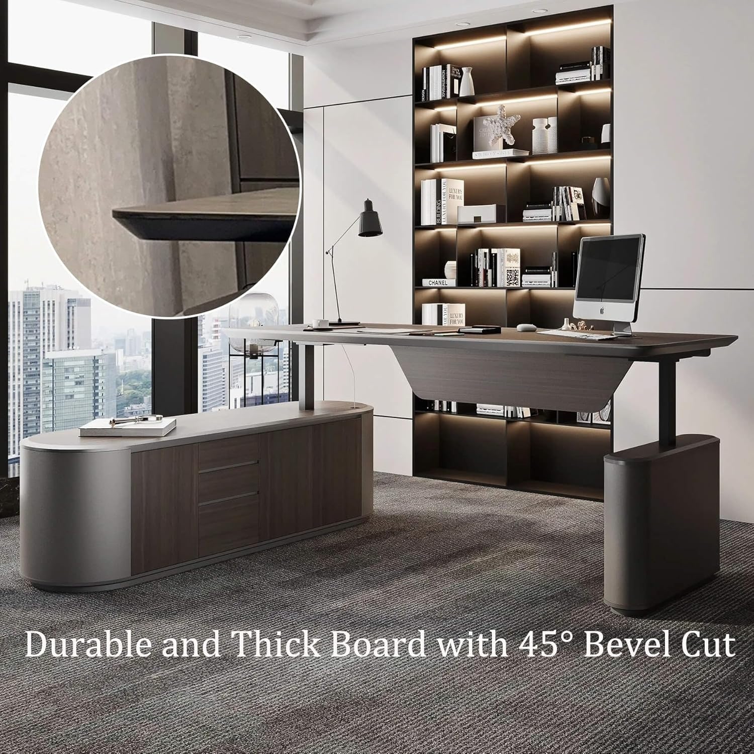 Sit & Stand Adjustable Height L Shaped Executive Desk with File Cabinets Drawers