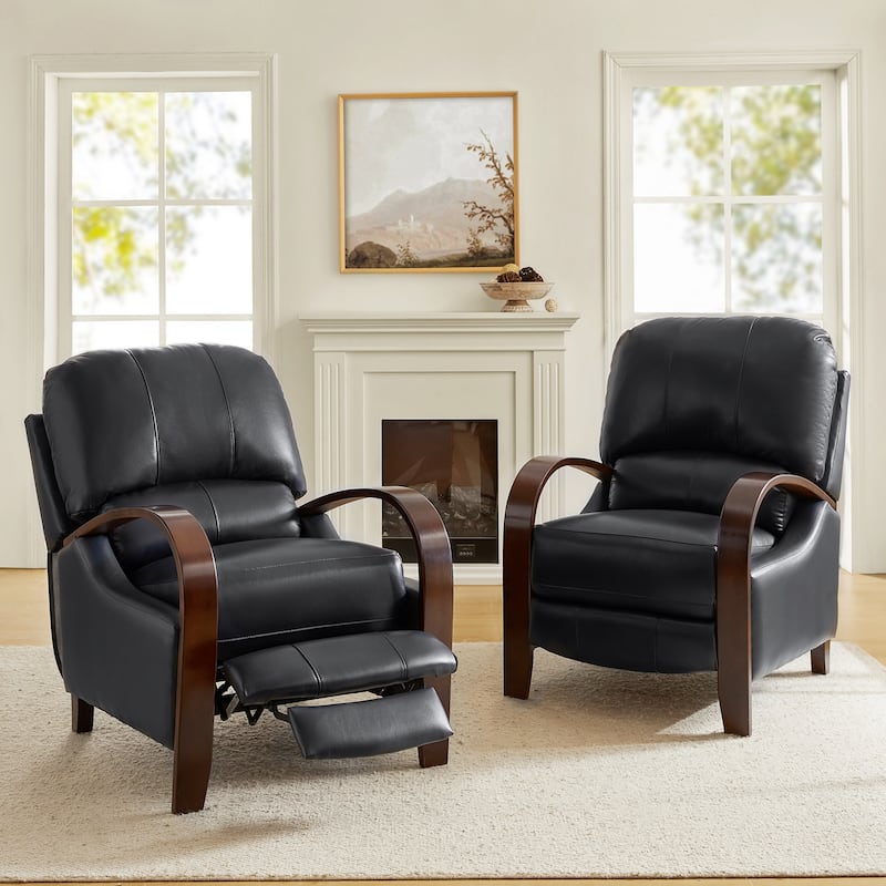 Alex Mid-century Modern Cigar Genuine Leather Manual Recliner with Wooden Curved Arms, Set of 2 - Black
