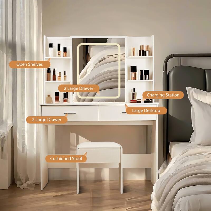 Dresser with mirror and light Power outlet and stool