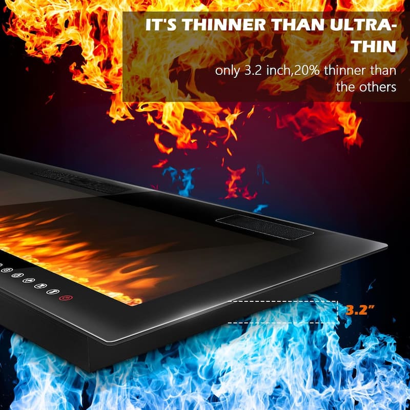 BOSSIN Electric Fireplace - Recessed or Wall Mounted Heater, 750/ 1500W, Adjustable Flame, Remote & Touch Control, Timer