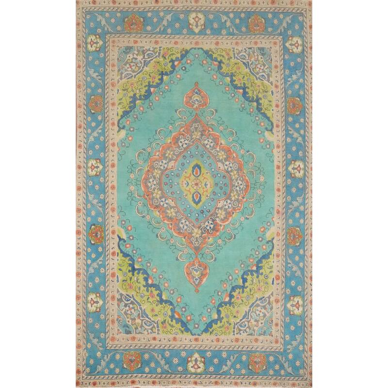 Hand Knotted Oriental 100% Wool Carpet Traditional Floral Navy Blue & Blues Tabriz Area Rug - 9' 7'' X 6' 5''