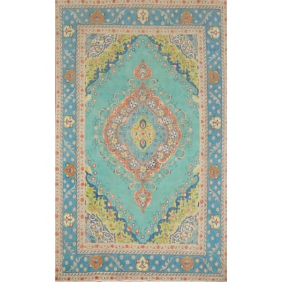Hand Knotted Oriental 100% Wool Carpet Traditional Floral Navy Blue & Blues Tabriz Area Rug - 9' 7'' X 6' 5''