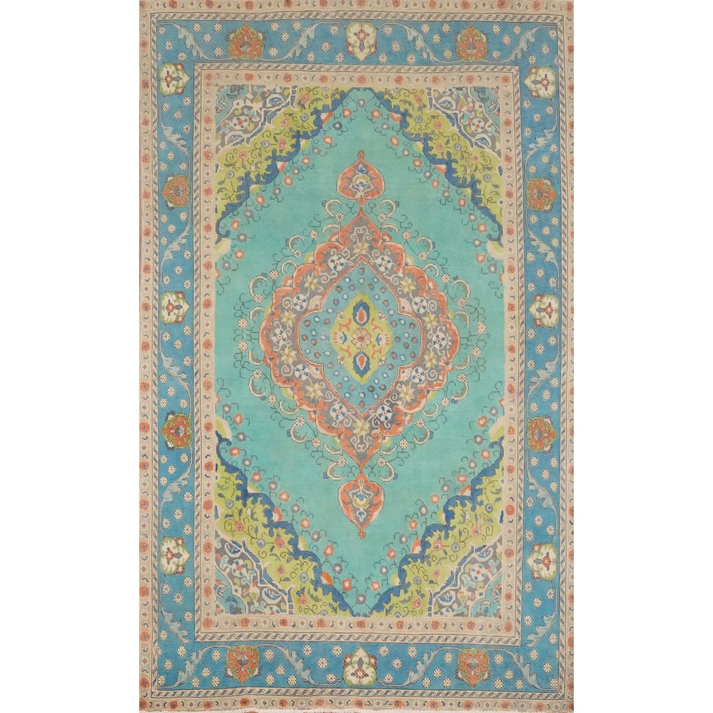 Hand Knotted Oriental 100% Wool Carpet Traditional Floral Navy Blue & Blues Tabriz Area Rug - 9' 7'' X 6' 5''