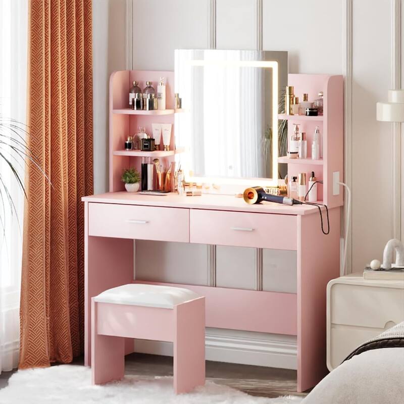 Vanity Desk with Lighted Mirror and 6 Storage Shelves