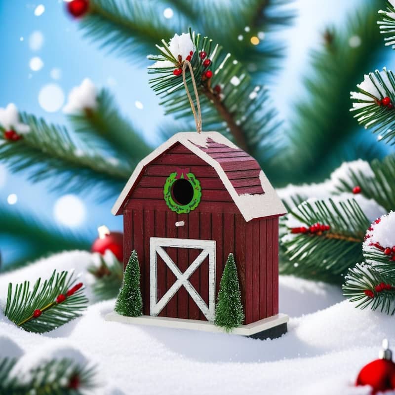Glitzhome 10"H Merry Christmas Solid Wood Barn Birdhouse with Trees