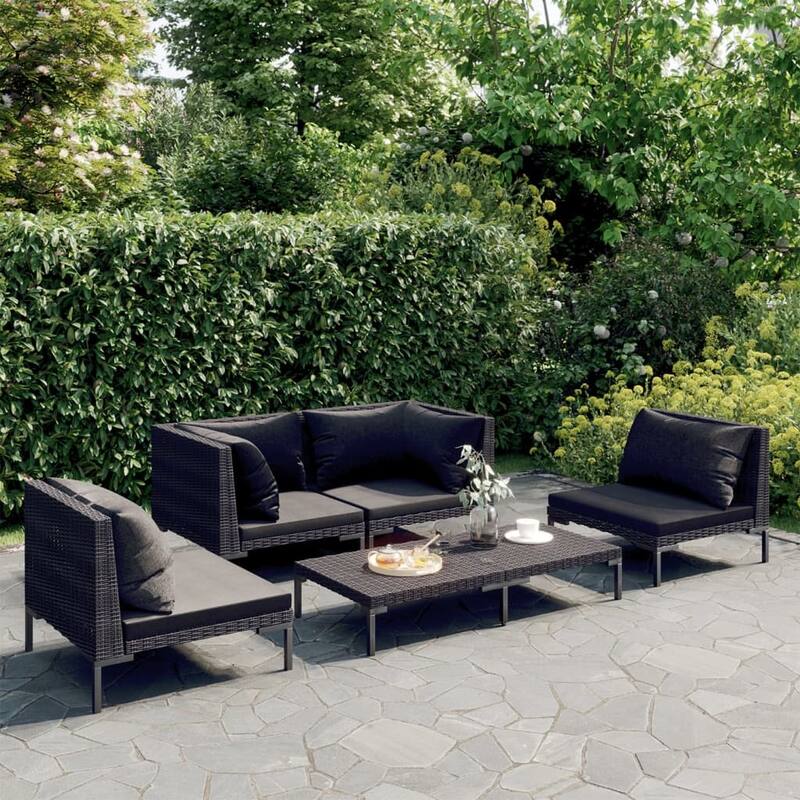 vidaXL Patio Lounge Set Outdoor Sectional Sofa Set Table Poly Rattan Dark Grey - 27.6" x 27.6" x 24" - Grey 5 Piece