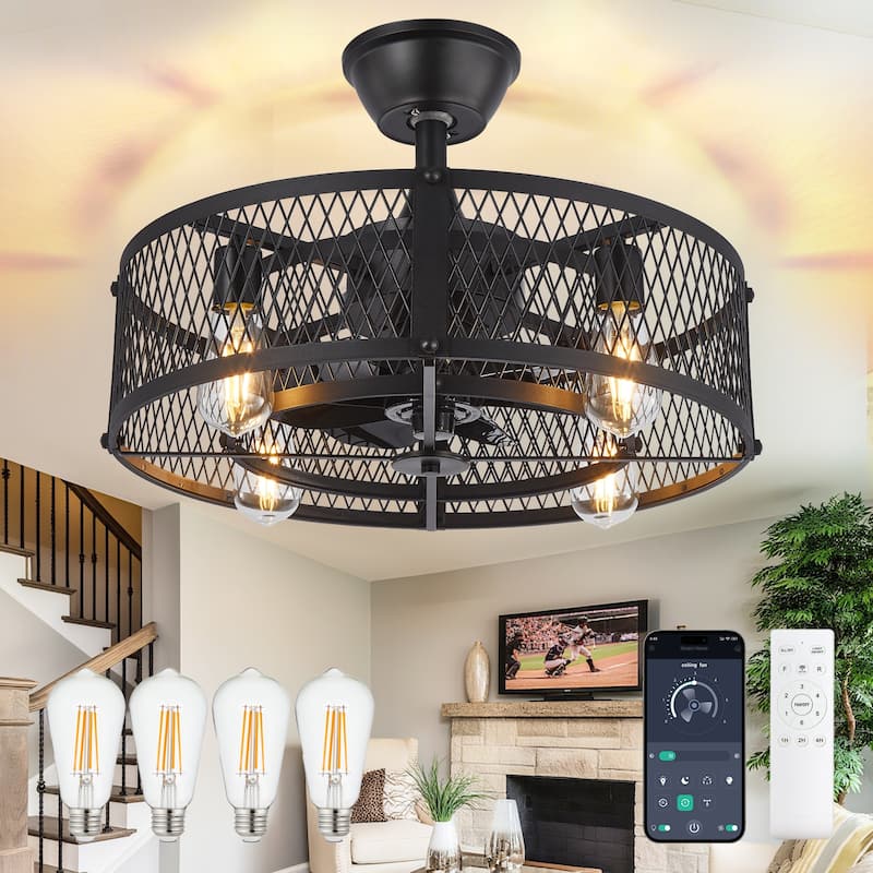 20-26" Caged outdoor Ceiling Fan with Light: Remote App Control-Farmhouse Fandelier Flush Mount Fixture Reversible 6 Speed Timer - 20in - Black