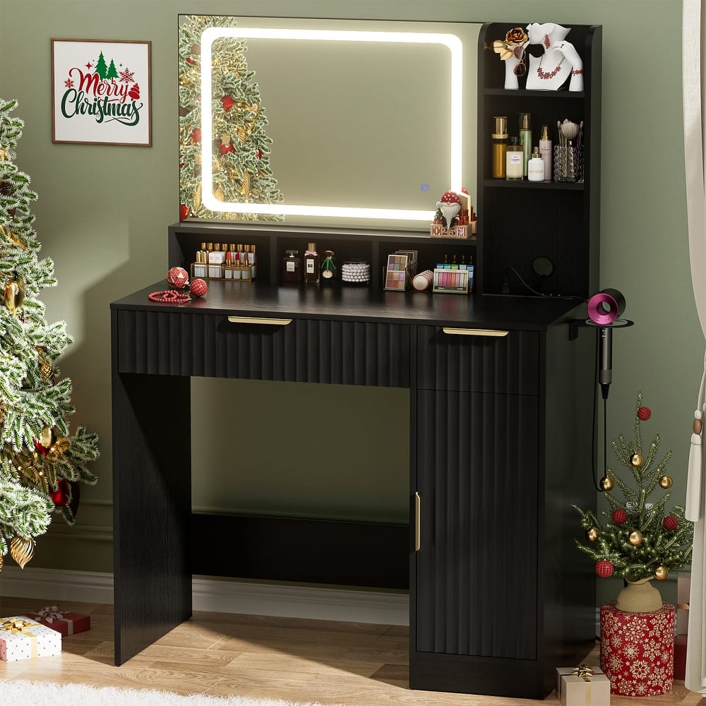 Modern Vanity Desk with LED Mirror, Makeup Vanity Table with Storage Drawers and Cabinet