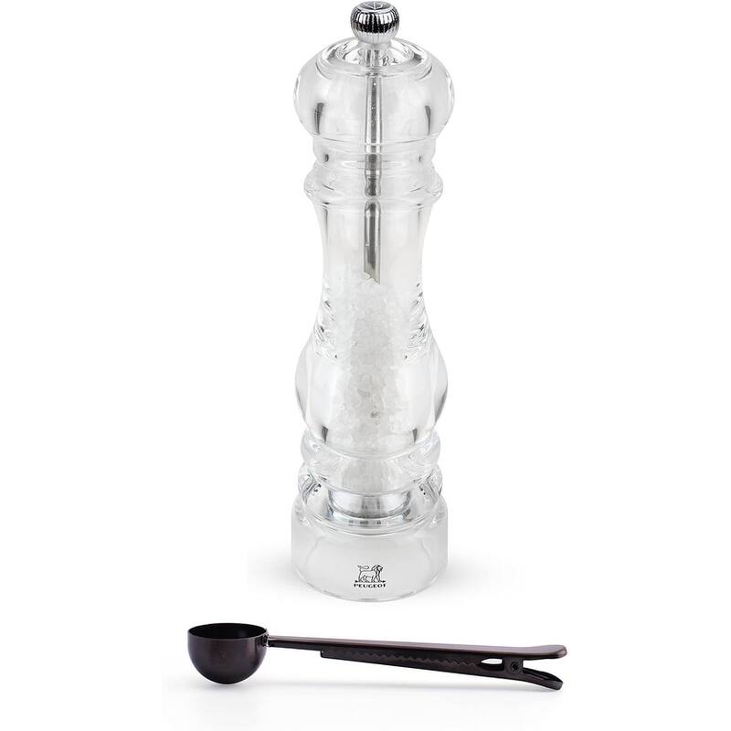 Peugeot - Nancy Acrylic Manual Salt Mill - Transparent Adjustable Grinder Gift Set- With Stainless Steel Spice Scoop/Bag Clip - Clear - 2 Piece