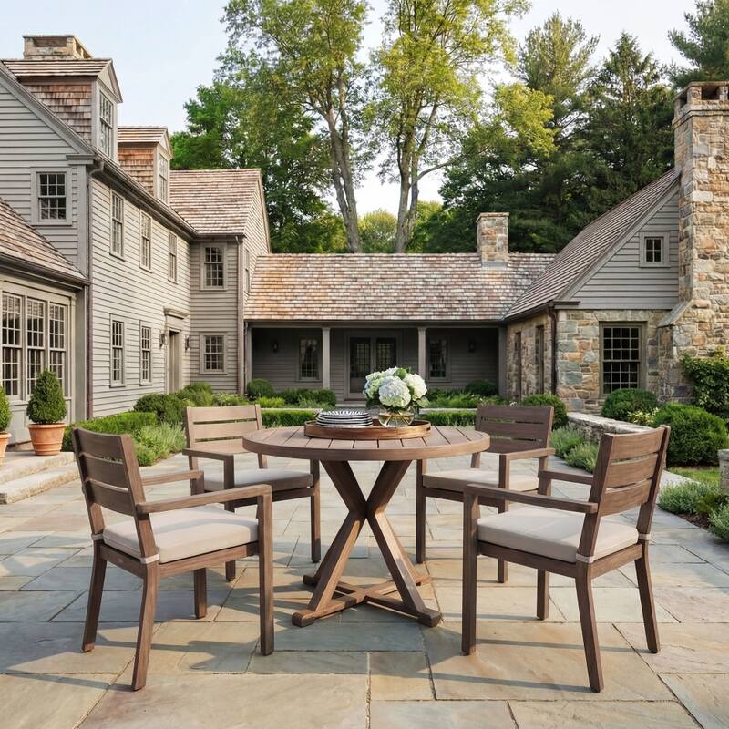 Martha Stewart All-Weather Patio Set with 36" Round Trestle Base Table and 4 Stack Armchairs - 22.25"W x 23.75"D x 34"H