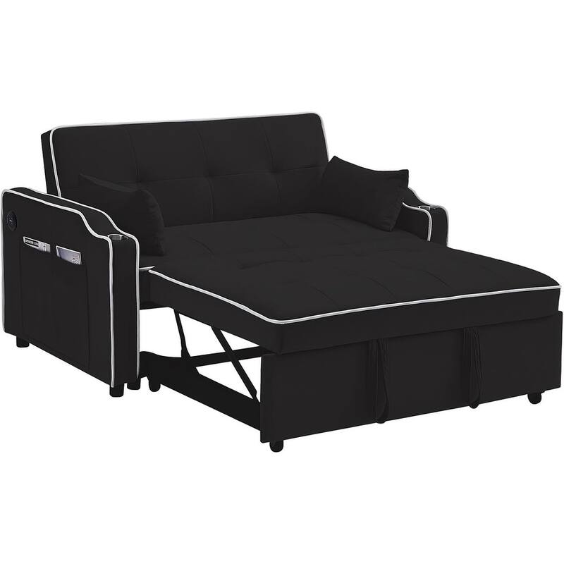 3-in-1 Multi-Functional Velvet Sleeper Sofa Couch with Pullout Bed, Loveseat Sofa Sleeper with USB Port - Black
