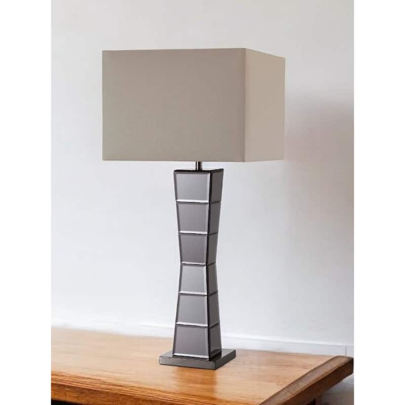Stylish Black Glass Tower Lamp with Beige Fabric Shade for Home Decor - 12.75" x 12.75" x 29.50"
