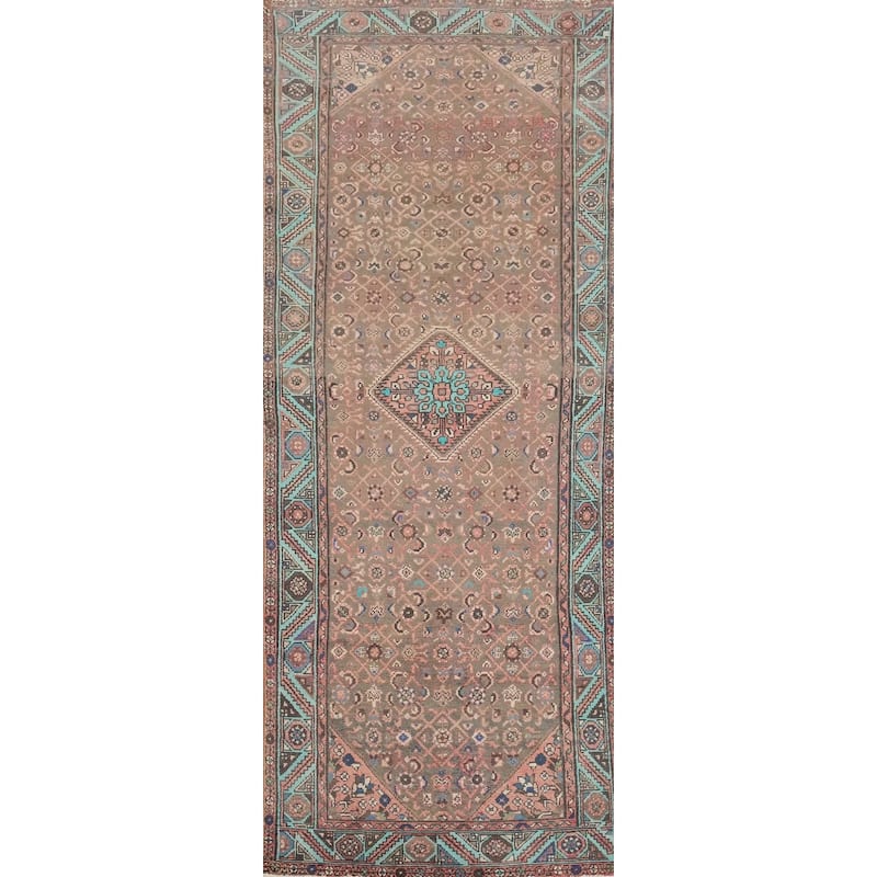 Hand Knotted Oriental 100% Wool Carpet Traditional Geometric Greys & Charcoal Hamedan Runner Rug - 10' 1'' X 3' 5''
