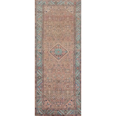 Hand Knotted Oriental 100% Wool Carpet Traditional Geometric Greys & Charcoal Hamedan Runner Rug - 10' 1'' X 3' 5''