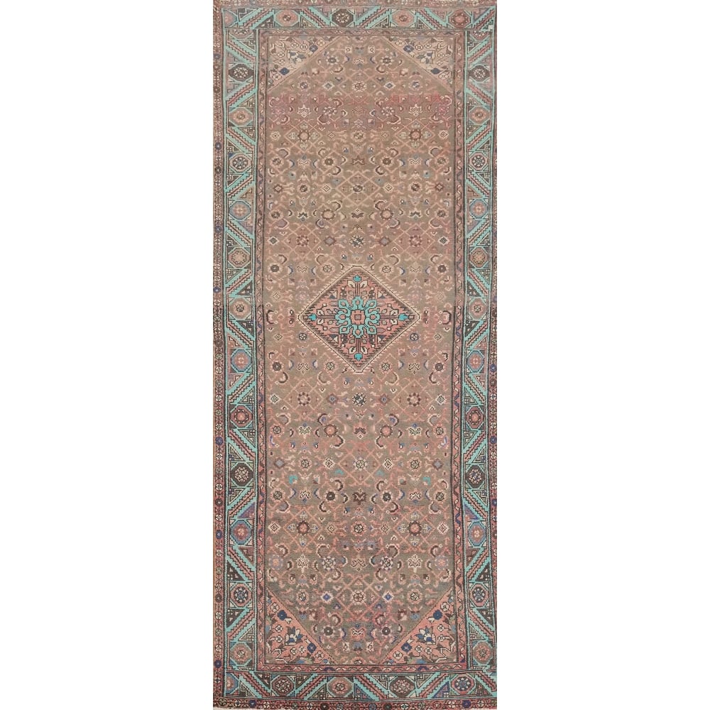 Hand Knotted Oriental 100% Wool Carpet Traditional Geometric Greys & Charcoal Hamedan Runner Rug - 10' 1'' X 3' 5''