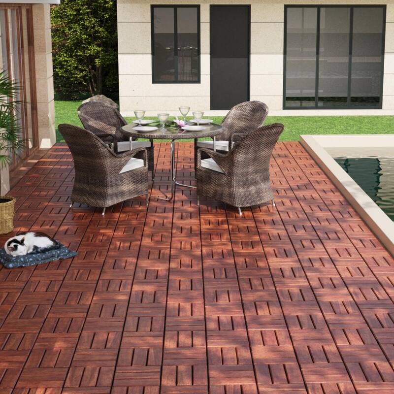 10 PCS Interlocking Deck Tiles Checker Pattern, 12" x 12" Square Acacia Hardwood Outdoor Flooring for Patio,Bancony,Pool Side
