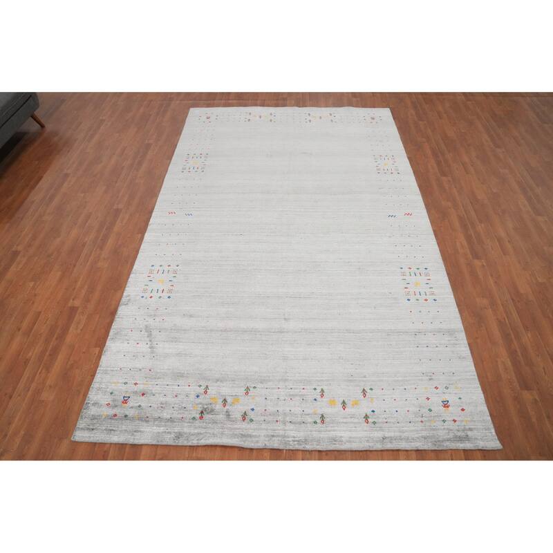Hand Knotted Oriental Viscose Silk Carpet Tribal Animal Pictorial Greys & Charcoal Gabbeh Area Rug - 11' 8'' X 7' 4''