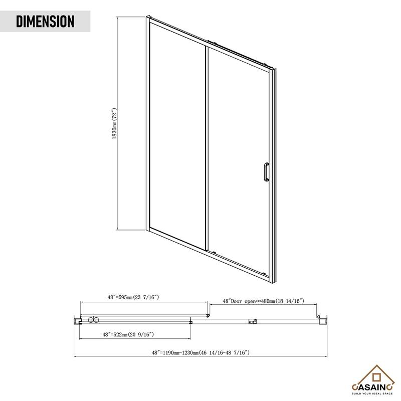 CASAINC 48 "x 72" Framed Single Sliding Shower Door