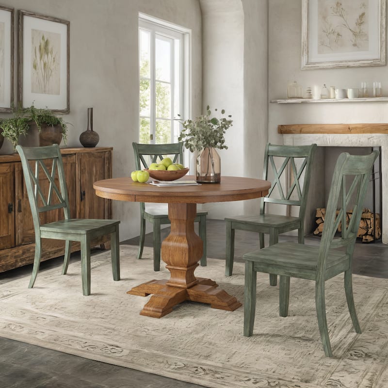 Ronda 45" Round Solid Wood Top Dining Set with X-Back Chairs - Oak Table - Antique Sage Green Chairs