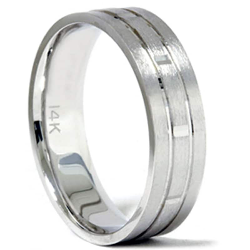 Mens White Gold 6mm Brushed Comfort Fit Carved Wedding Band