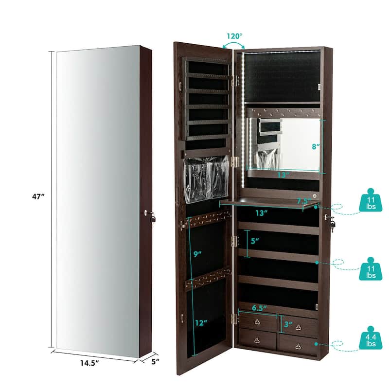 Gymax Mirror Jewelry Cabinet 96 LED Lights Wall Door Mounted Armoire - See Details
