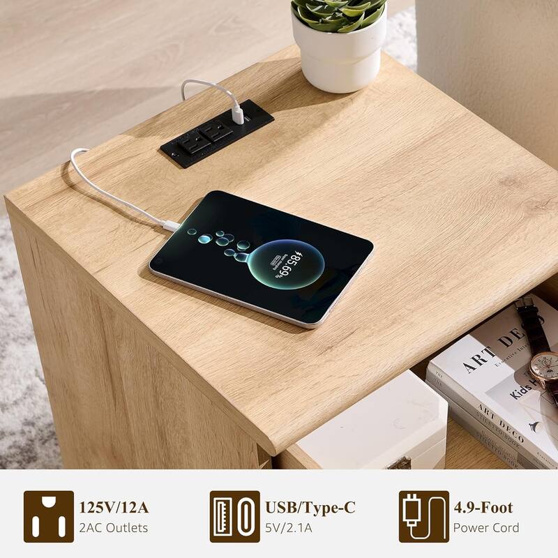 Modern Nightstand w/ Arched Panel, Bedside Table w/ Charging Station