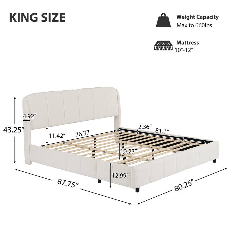 King Boucle Upholstered Platform Bed, Curved Design Headboard, Chic Beige Tone