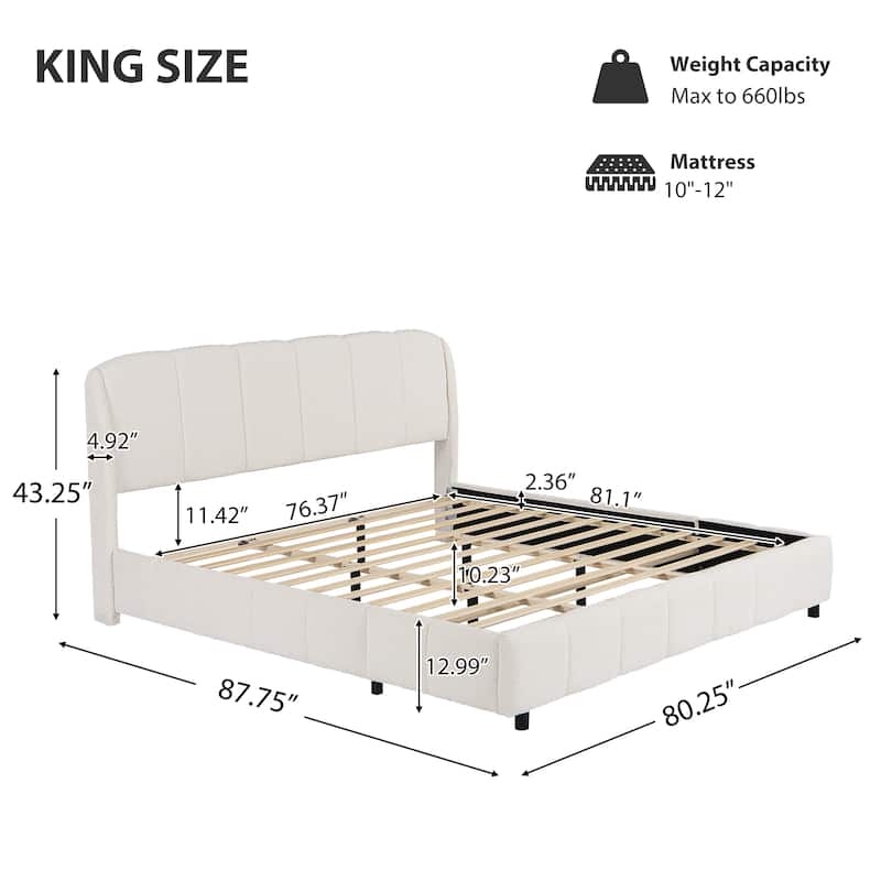 King Size Boucle Fabric Upholstered Platform Bed with Curved Headboard, Beige