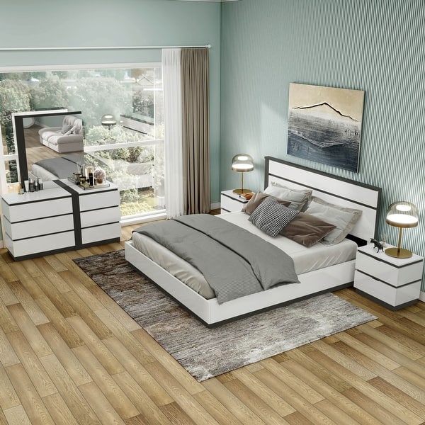 bedroom dresser set white Furniture of America Burkhart 4-Piece Wood Queen with Nightstand and Dresser/Mirror EC-7866WH-Q-4PC carved floral design that is shared with the matching mirror Modern Heritage Robbinsdale White Wooden