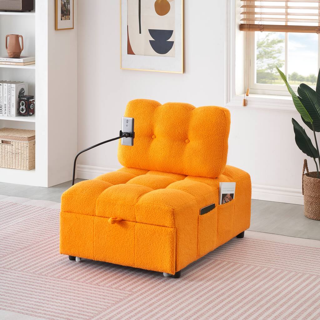Orange 40.2" Teddy Convertible Sofa Bed with Phone Holder and Pocket