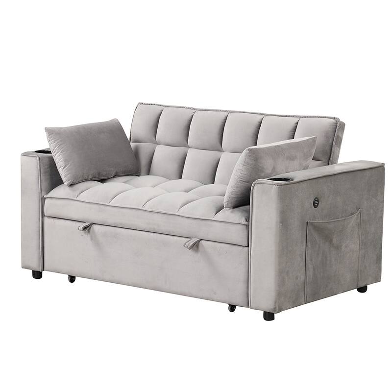 58" 4-in-1 Convertible Sofa Bed, Cup Holder and USB Port Included - Grey