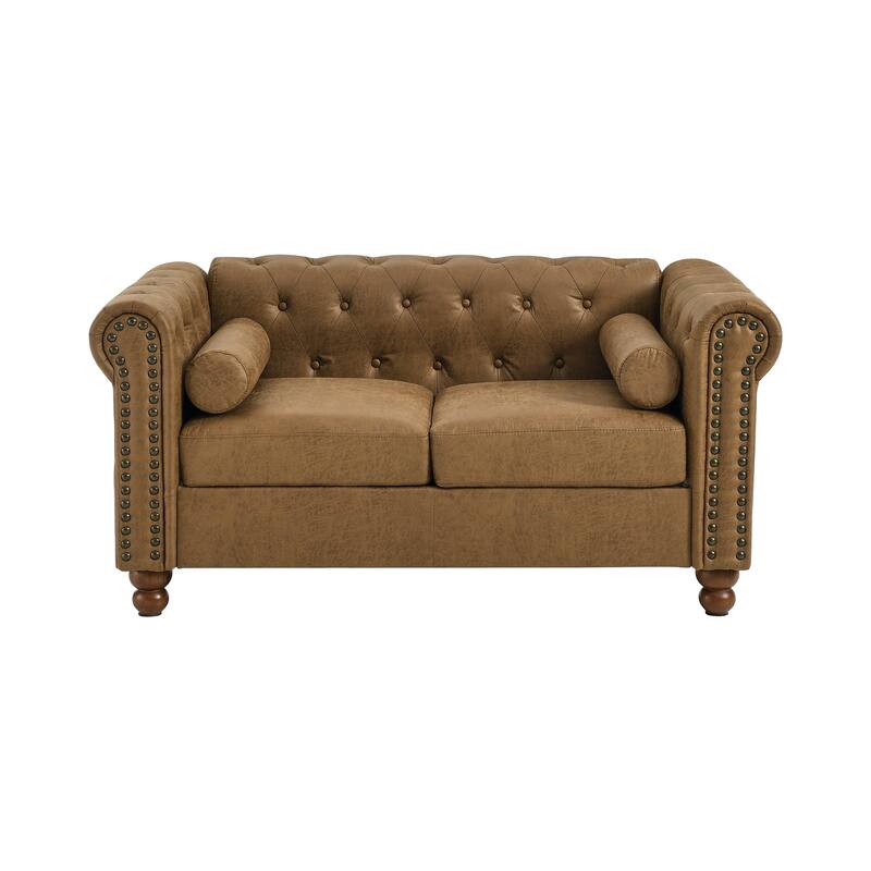Brown 55'' Fabric 2-Seater Sofa with Tufted Back, Headrests, and Sturdy Wooden Legs