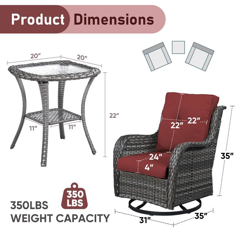 Pocassy Outdoor Glider Chairs Table with 4Inch 5Inch 6Inch Cushion