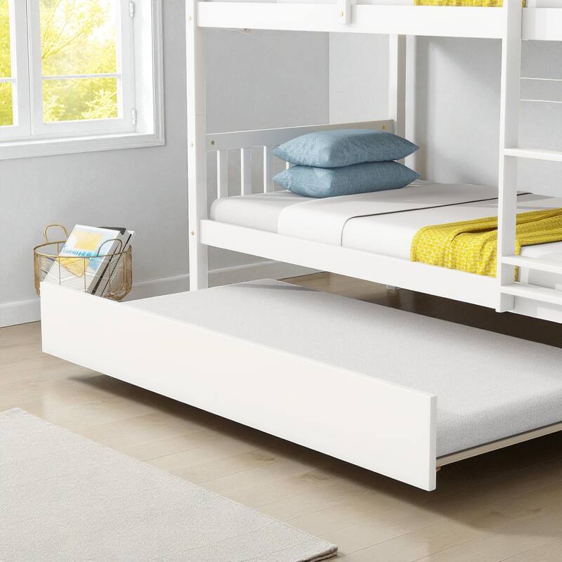 Twin Over Twin Rubber Wood Bunk Bed with Trundle, Convertible into Twin Beds, Ladder and Safety Guardrails