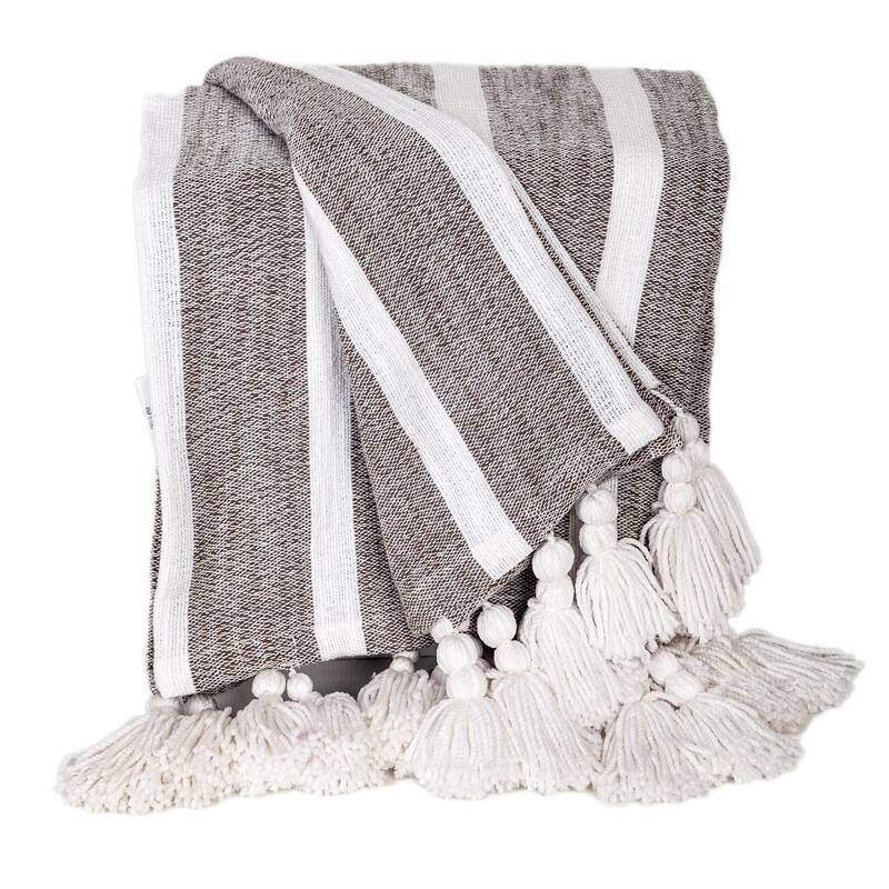 HomeRoots 50" X 60" Charcoal Woven Cotton Striped Throw Blanket with Tassels
